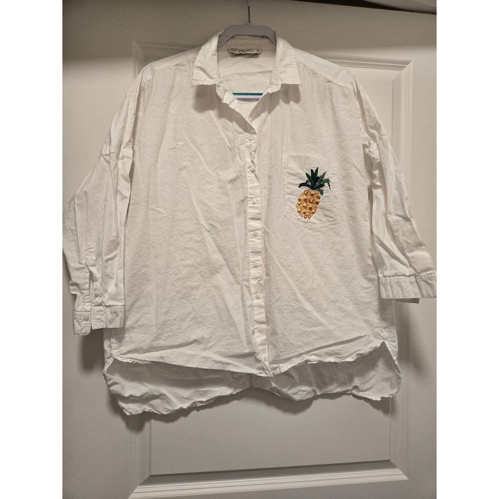 Zara Basic White Pineapple Beaded Embroidered Oversized Button Down Shirt XL